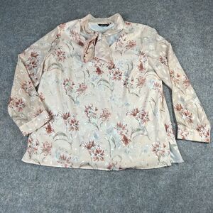 Mistook Top Womens Medium Tie-Neck Floral Crepe Long-Sleeve Blouse Pink